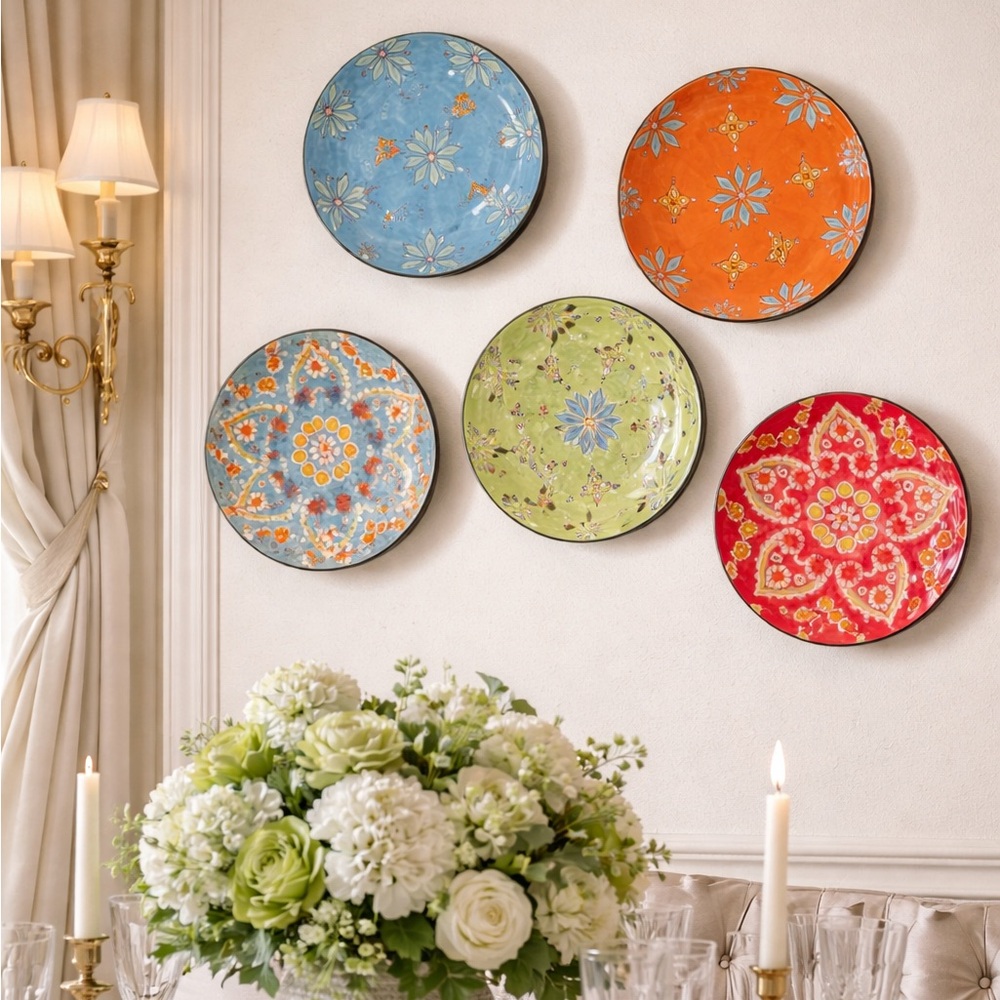 5 Anthropologie Colorful Patterned Ceramic Plates Set